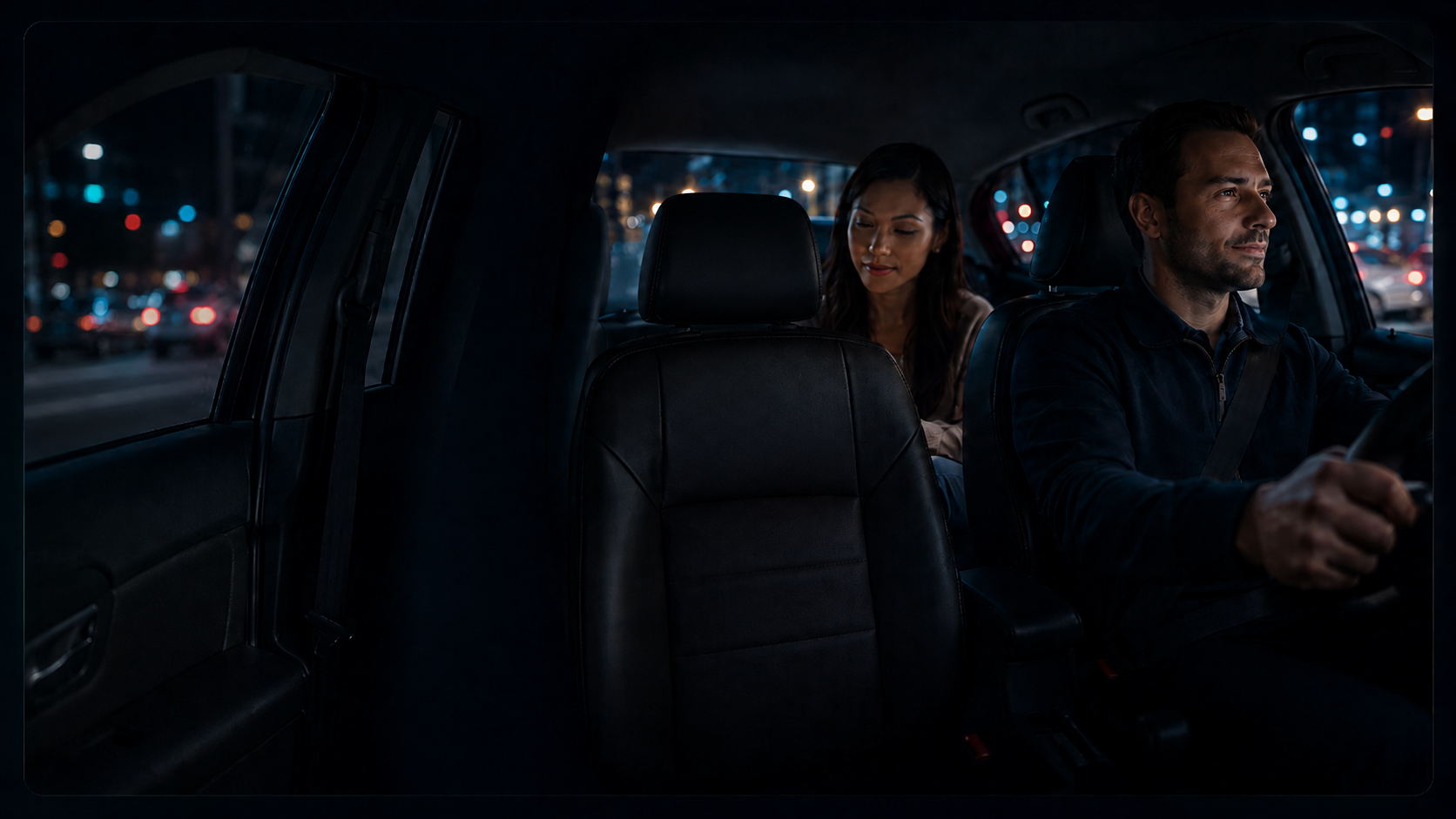 Rideshare driver focused comfortably on the road while passenger sits in back seat