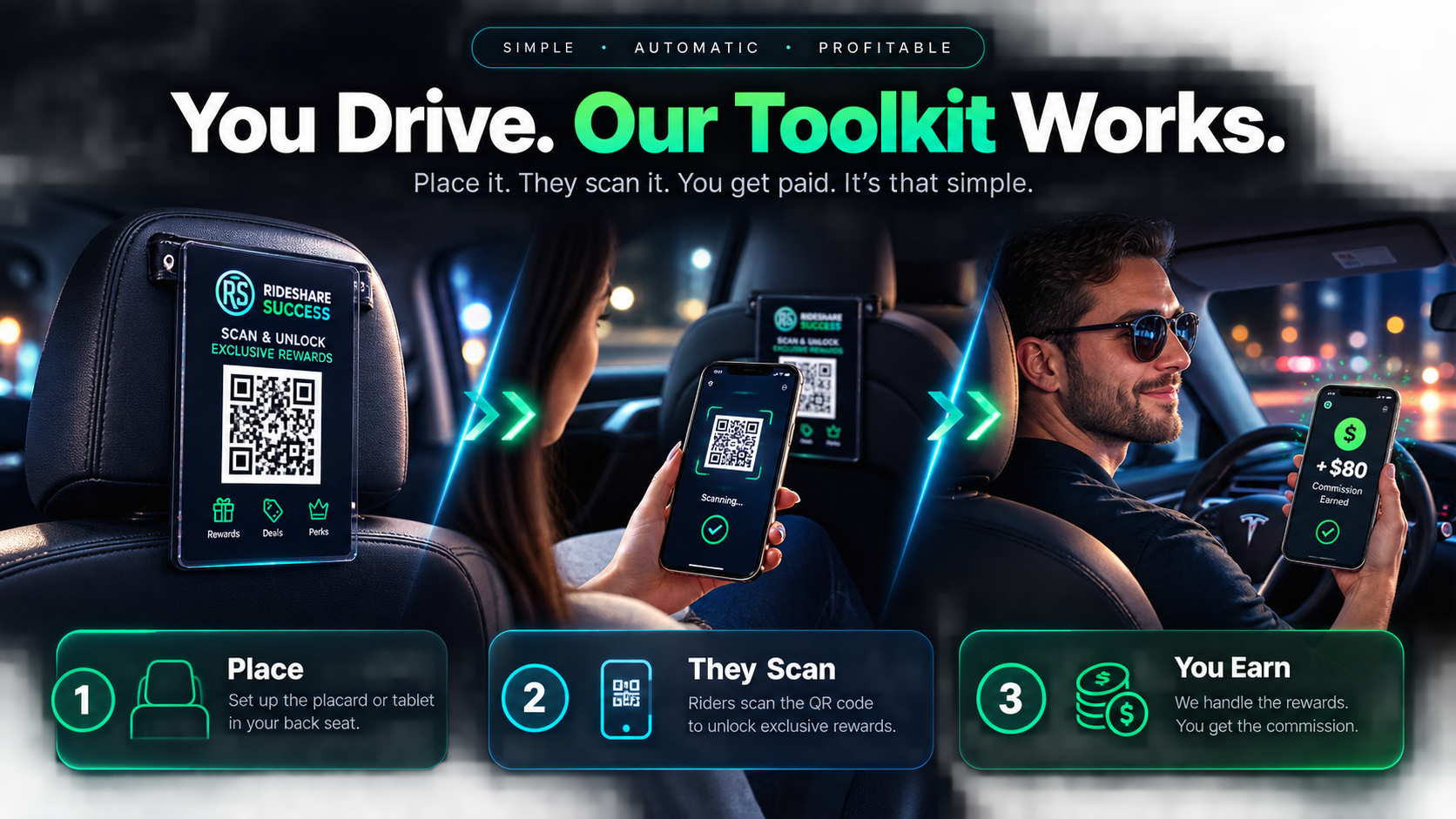 RideshareSuccess backseat toolkit demonstration showing seat placard, passenger scanning, and driver commission attribution